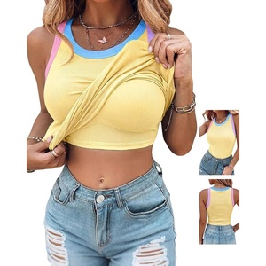 image:imageCHICME Womens ColorBlock Built in Bra Tank Tops Sleeveless Padded Racerback Casual Shirts Ribbed Fitted Basic TopLight Yellow