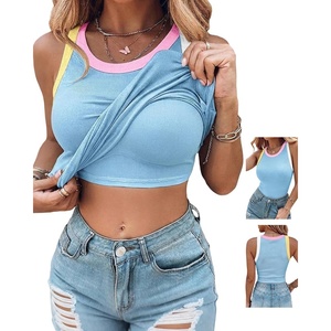 image:imageCHICME Womens ColorBlock Built in Bra Tank Tops Sleeveless Padded Racerback Casual Shirts Ribbed Fitted Basic TopLighted Blue