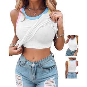 image:imageCHICME Womens ColorBlock Built in Bra Tank Tops Sleeveless Padded Racerback Casual Shirts Ribbed Fitted Basic TopWhite