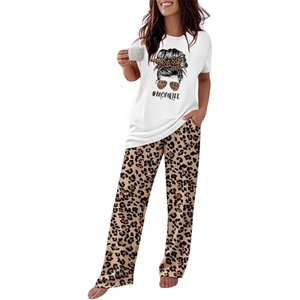 image:imageCHICME Womens Pajamas Sets 2 Piece Short Sleeve Lounge Set Printed Loose Pants Pj Sets Loungewear SetLeopard
